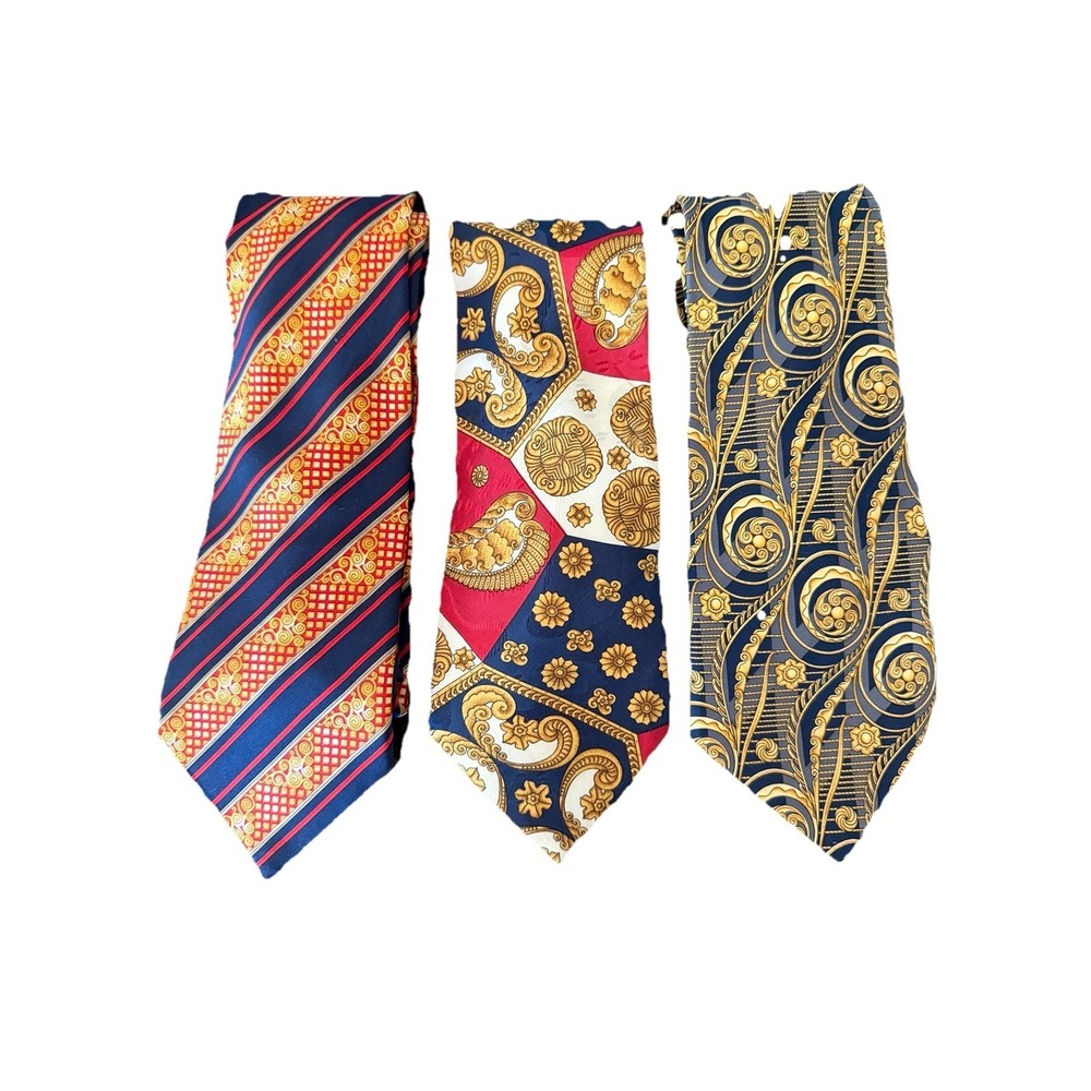 Lanvin Paris Mens Silk Ties Lot Of 3  Blue Multicolor Geometric France